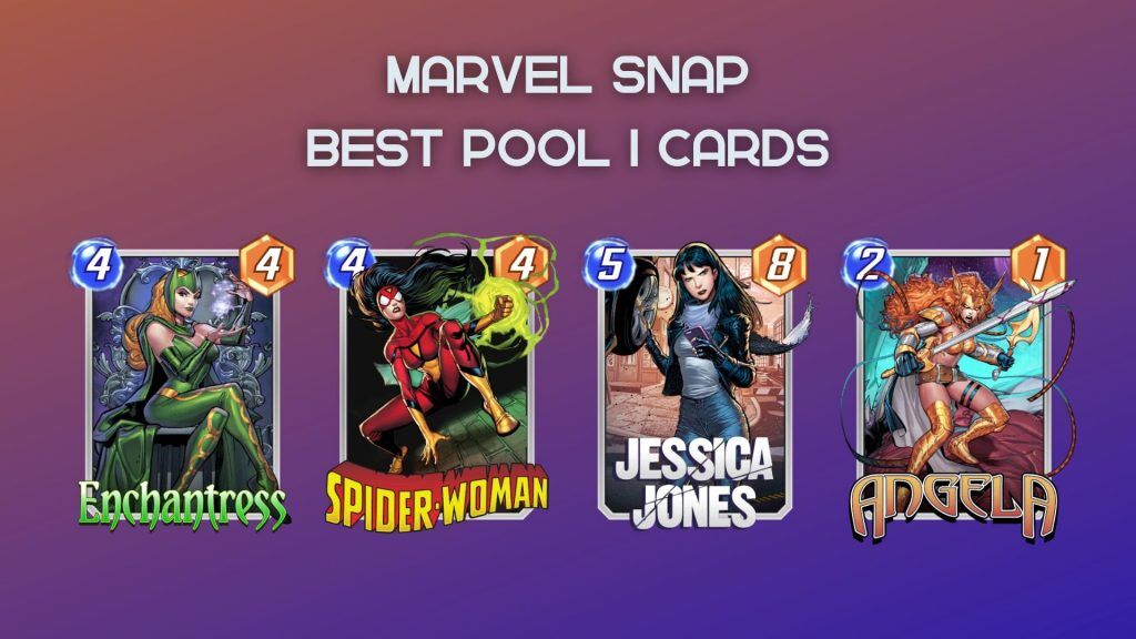 4 de las mejores cartas del Grupo 1: Hechicera, Spider-Woman, Jessica Jones y Angela.